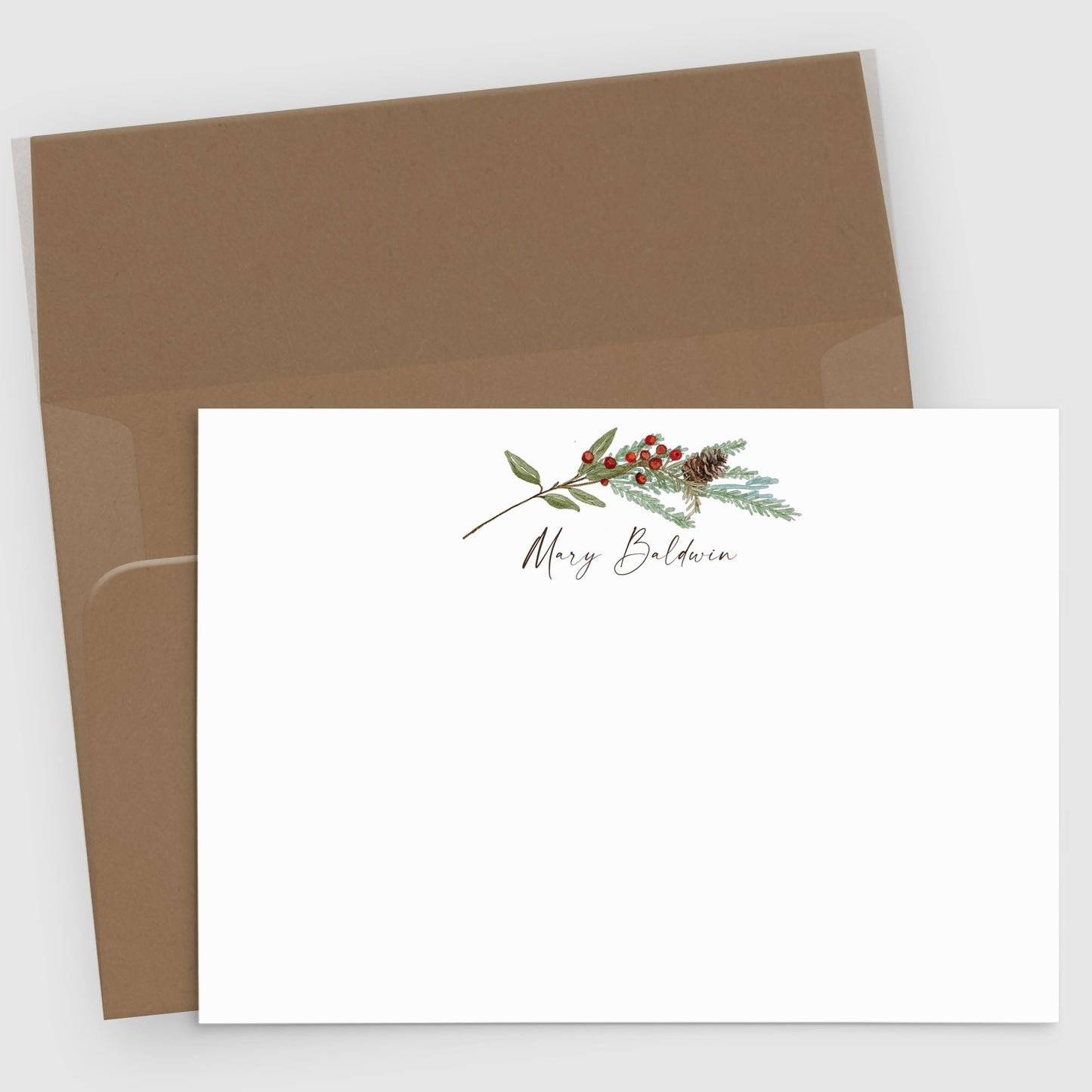 Personalized Christmas Stationery | Watercolor Pine Branches Holiday Note Cards Set of 10