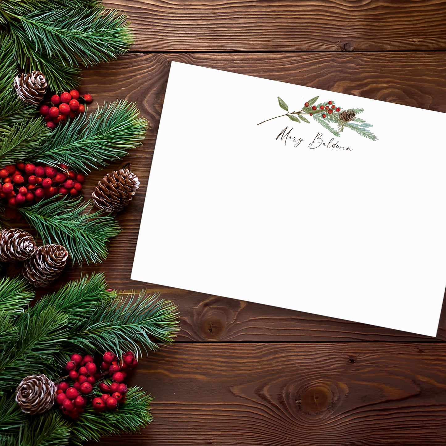 Personalized Christmas Stationery | Watercolor Pine Branches Holiday Note Cards Set of 10