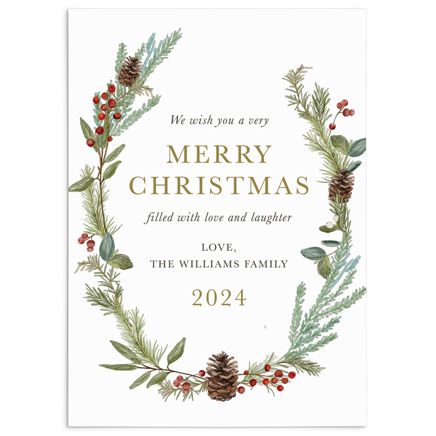 Watercolor Pine Branches and Berries Personalized Christmas Card