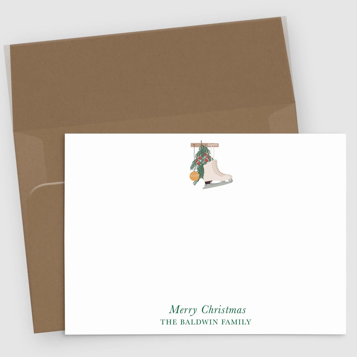 Personalized Holiday Stationery set of 10 | Ice Skates and Greenery Note Cards