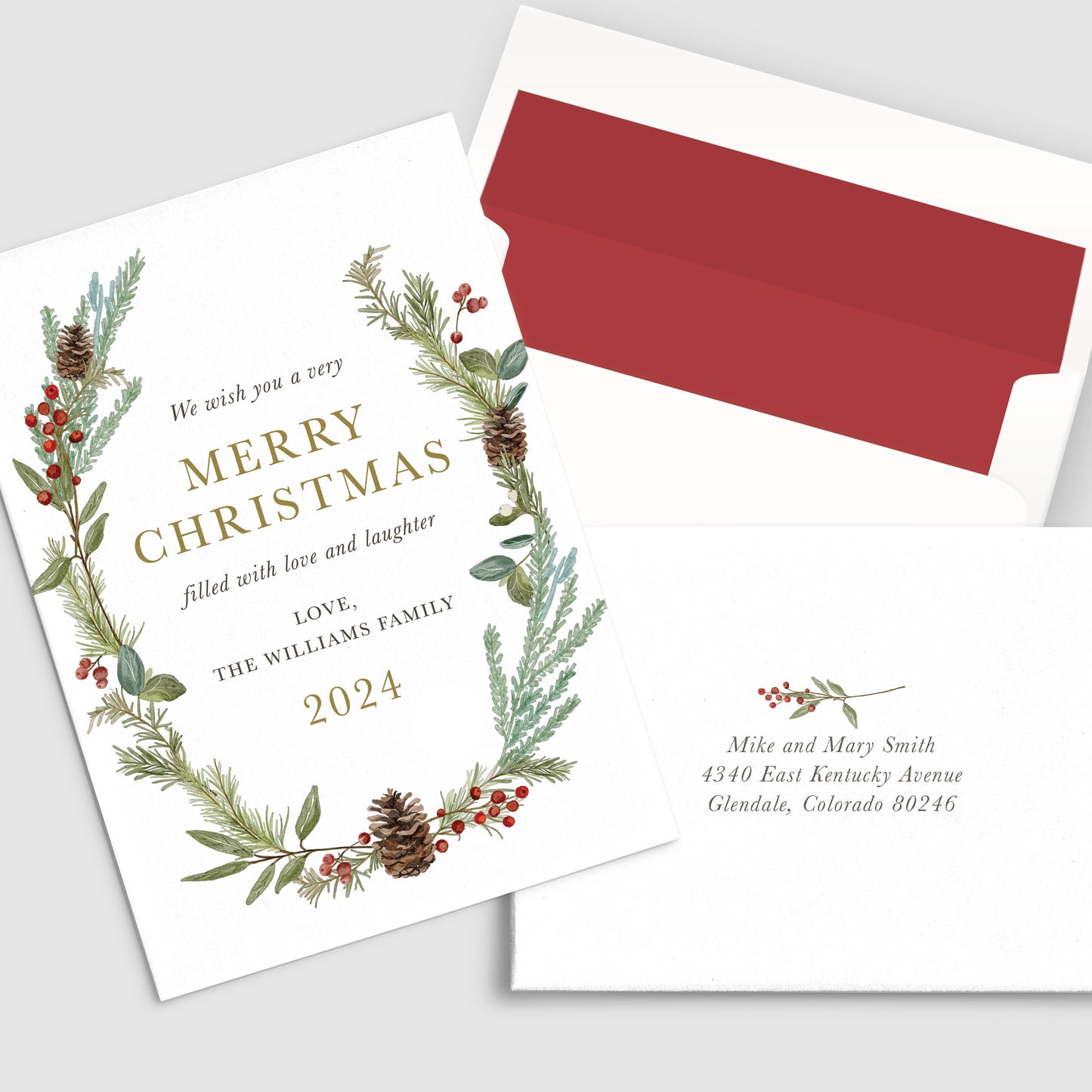 Watercolor Pine Branches and Berries Personalized Christmas Card