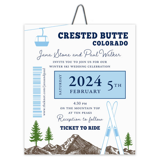 Ski Pass Mountain, Skis and Trees Gondola Wedding Invitation