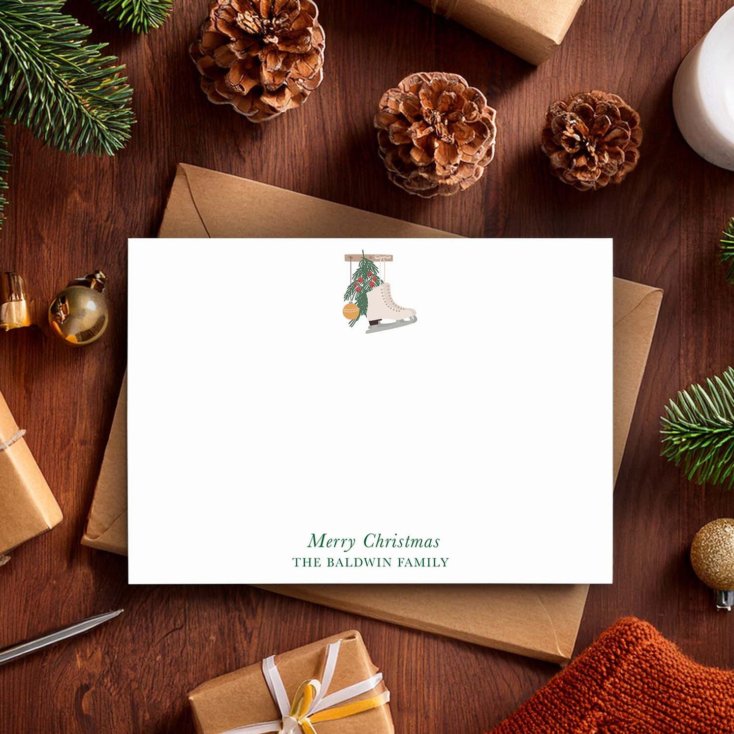 Personalized Holiday Stationery set of 10 | Ice Skates and Greenery Note Cards